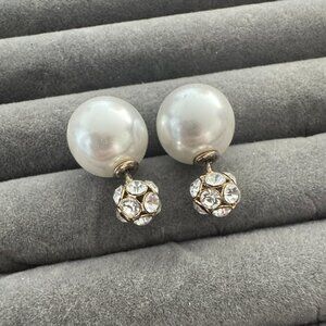 Double Side Ball White Faux Pearl/ Clear Crystals Vtg Earrings
